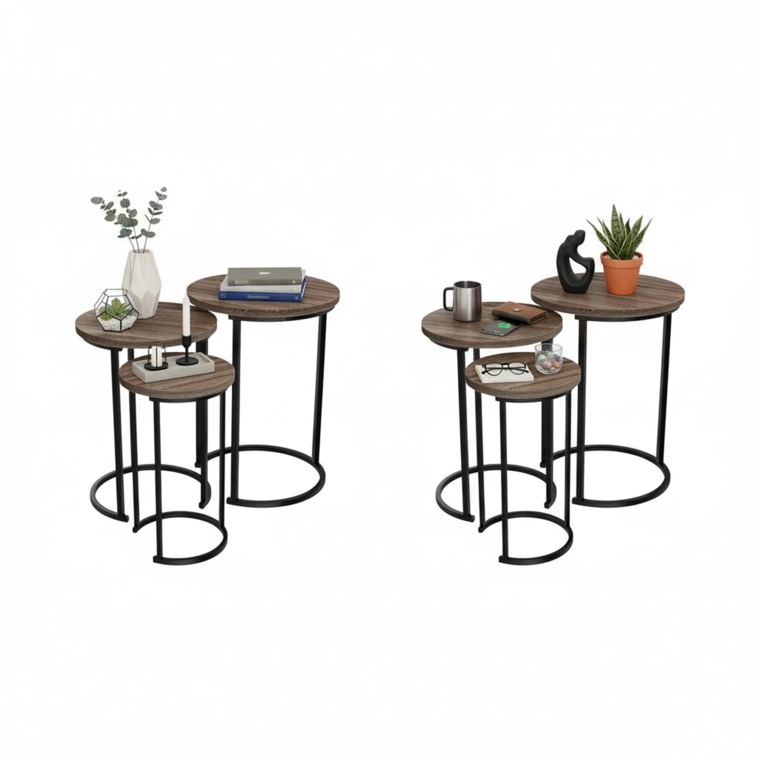 Lavish Home 6-Piece Nesting Tables – Set of 6 Round Side Tables with Woodgrain-Look Tops and Black Metal Frames – Modern Accent & End Table Set for Living Room, Bedroom, or Home Office (Gray/Brown)
