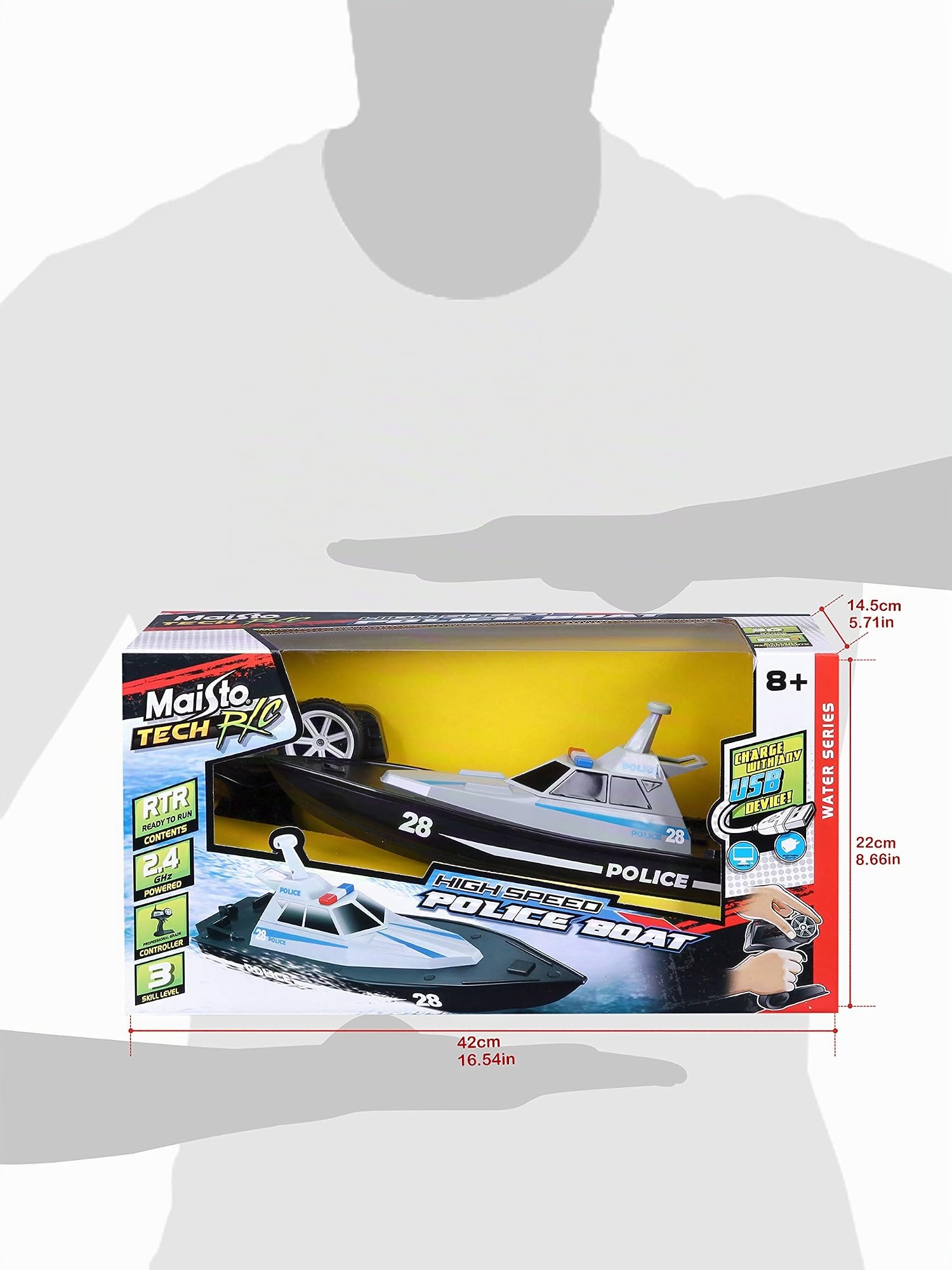 Bauer Spielwaren M82196 Tech R/C Polizeiboot: Ferngesteuertes Spielzeugboot im Polizei-Look, 35 Meter Reichweite, Akku mit USB-Ladefunktion, 34 cm, schwarz -582196
