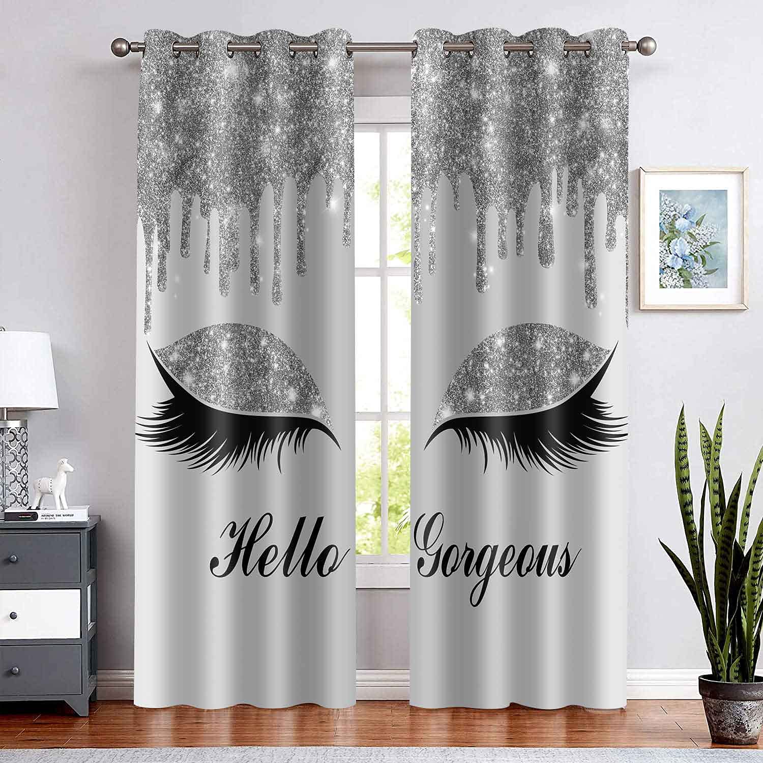BSPPTI Hello Gorgeous Curtain Unicorn Eyelash Curtains, Light Grey Drips Room Darkening Thermal Insulated Blackout Window Drapes for Living Bedroom Decor, 42"x 84", 2 Panels, CLLSSP735