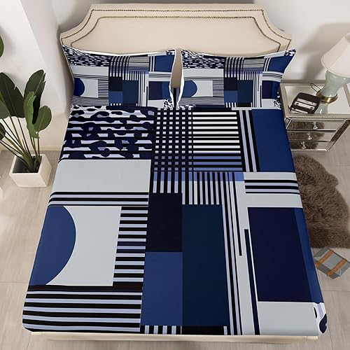Miniatura 2 de Manfei Juego de sábanas geométricas tamaño matrimonial, juego de sábanas de 4 piezas con estampado de leopardo y rayas azul marino con sábana bajera