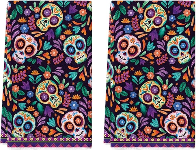 Artoid Mode Sugar Skull Day of The Dead Kitchen Towels Dish Towels, 18x26 Inch Daisy Flower Mexican Decor Hand Towels Set of 2