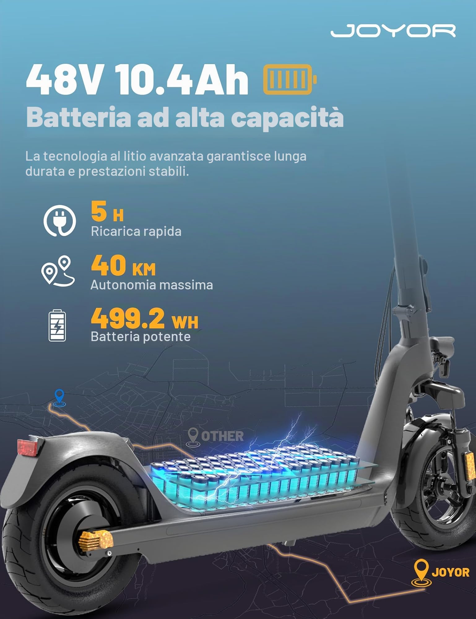 JOYOR C10E - Monopattino elettrico per adulti, 500 W, pieghevole, con batteria 48 V, 10,4 Ah e autonomia 40 Km, velocità 20 Km/h e 10 pollici, con display HD e freni a disco, certificato ABE Germania
