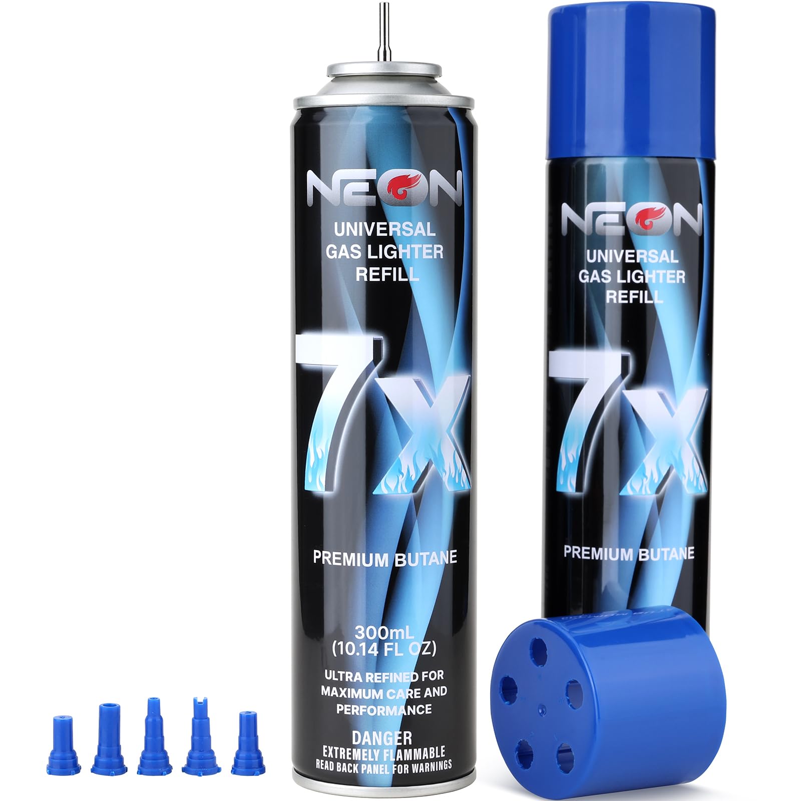 Amazon.com: NEON Butane Refill, 300ml 7X Filtered Premium Butane Fuel, 2  Cans Pure Refined Lighter Fluid with 0 Impurities & 5 Different Nozzle  Adapters for Refillable Lighters, Butane Torches, Kitchen Blow Torch :