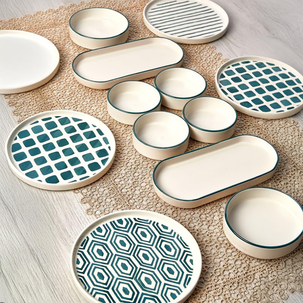 14-częściowy zestaw śniadaniowy dla 6 osób – seria Karo Stackable z ceramiki Kütahya – ręcznie robione, ceramiczne naczynia o wysokim połysku i nadające się do układania w stos (zielone)