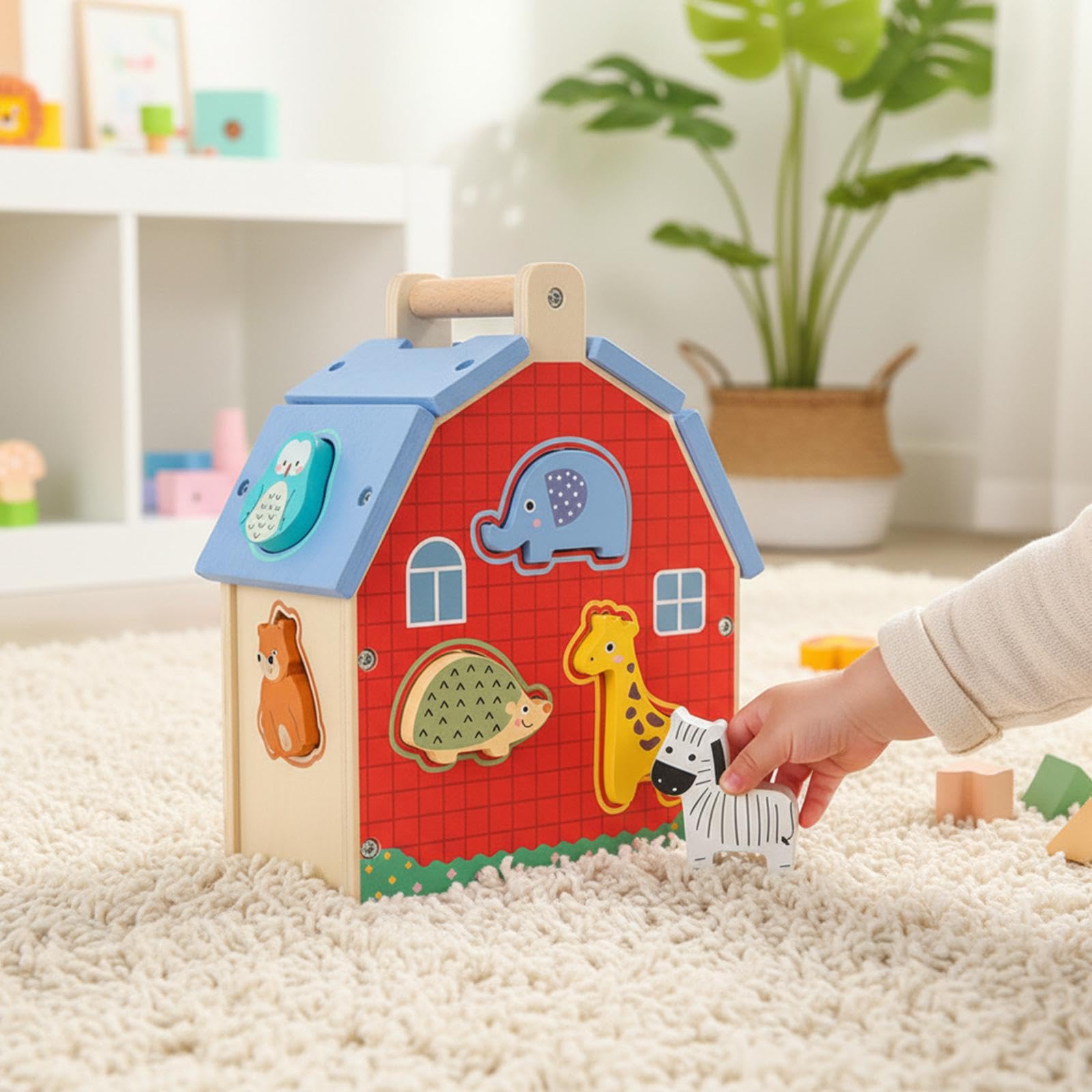 Casa de Bloques Interactivos de Madera para Clasificar Formas, Cumpleaños para Niños de Preescolar.