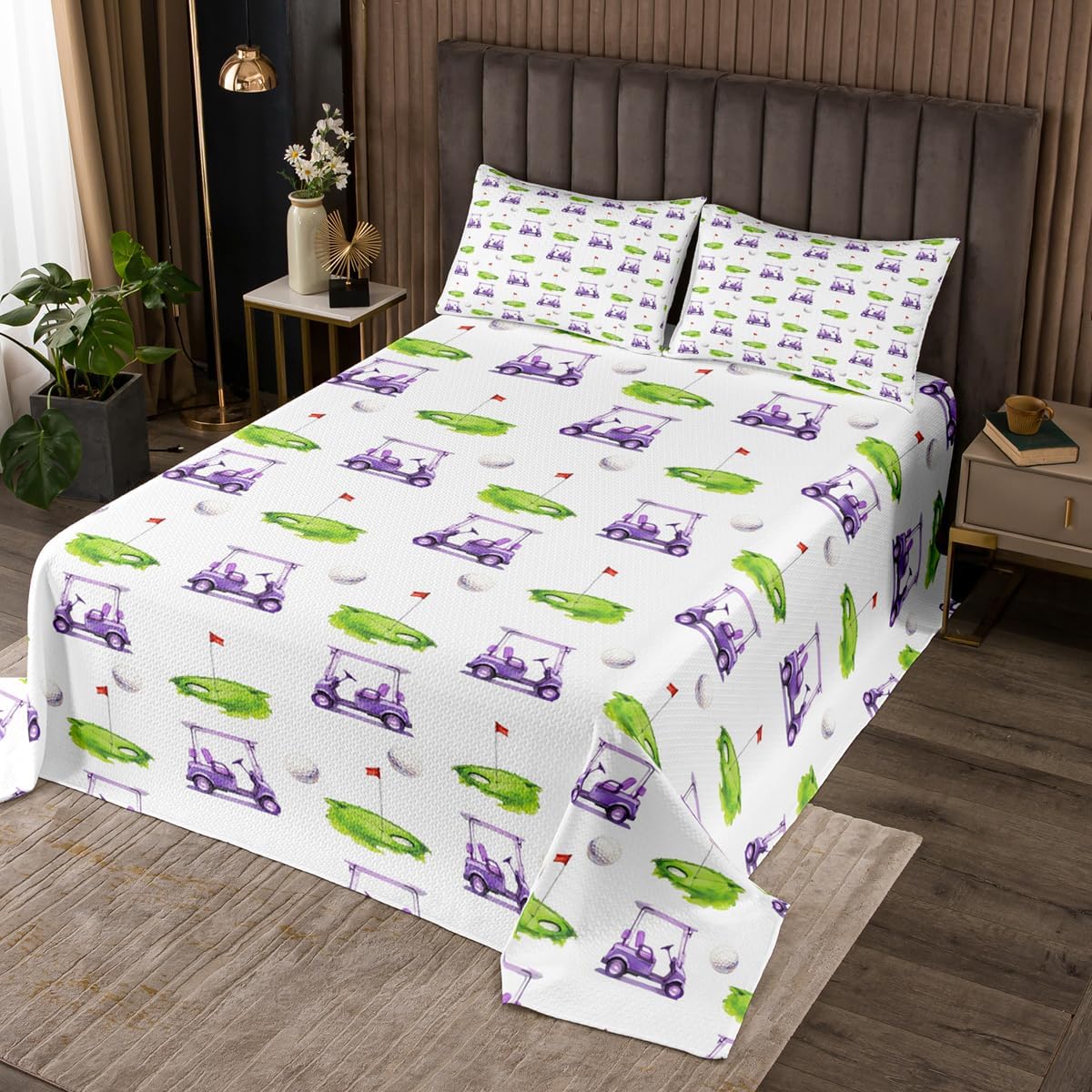 Erosebridal Balls Coverlet Set Queen Size Golf Carts Bedding Set for Kids Boys Girls Golf Hole with Flag Pattern Quilted Coverlet Golfing Ball Games Purple Quilted