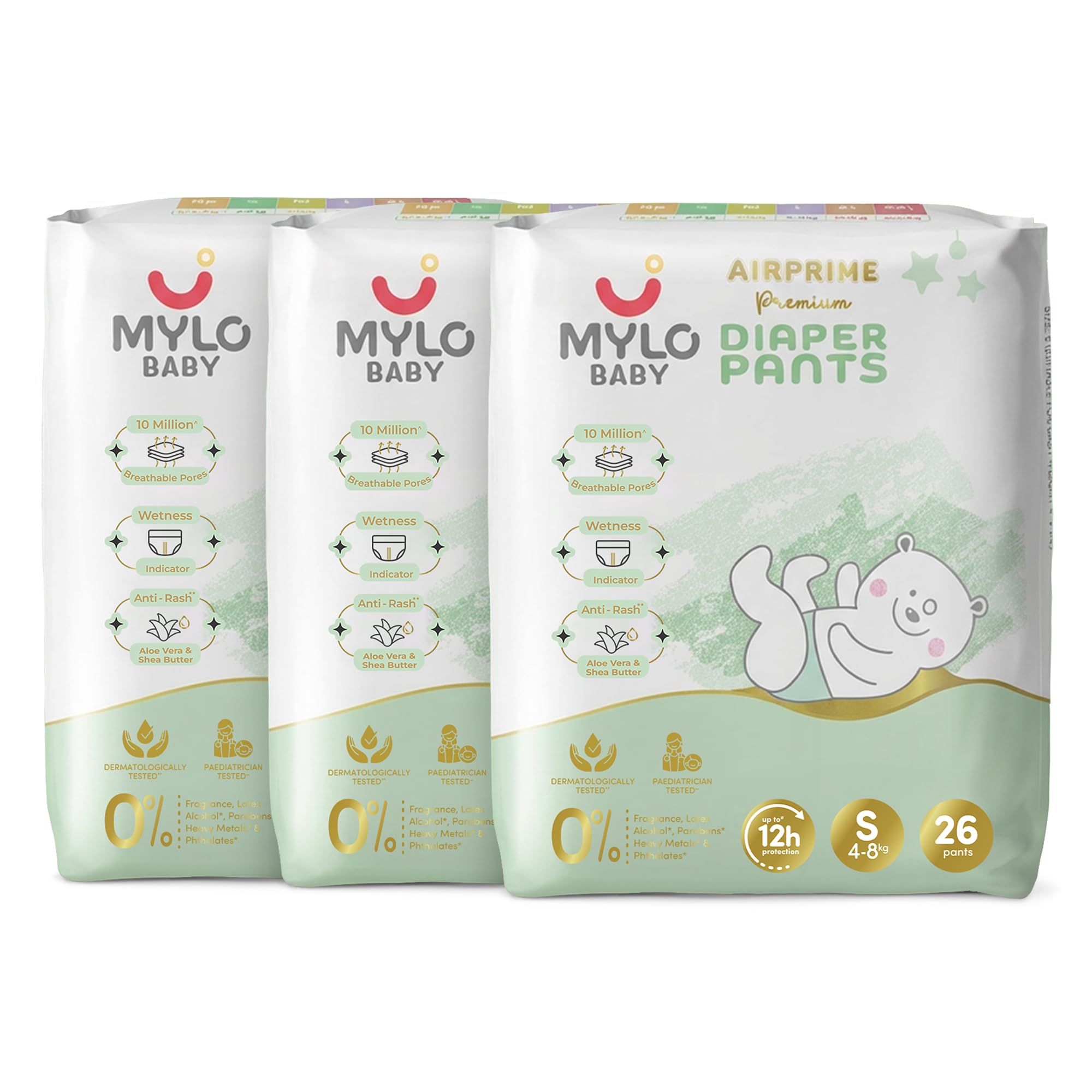 Mylo Baby AirPrime Premium Diaper Pants Small (S) Size (4–8 kgs) (26 Count) Leak Proof | Ultra-Thin & Breathable | Up to 12 Hours Protection | No Rashes (26 Count, Pack of 3)-image-8