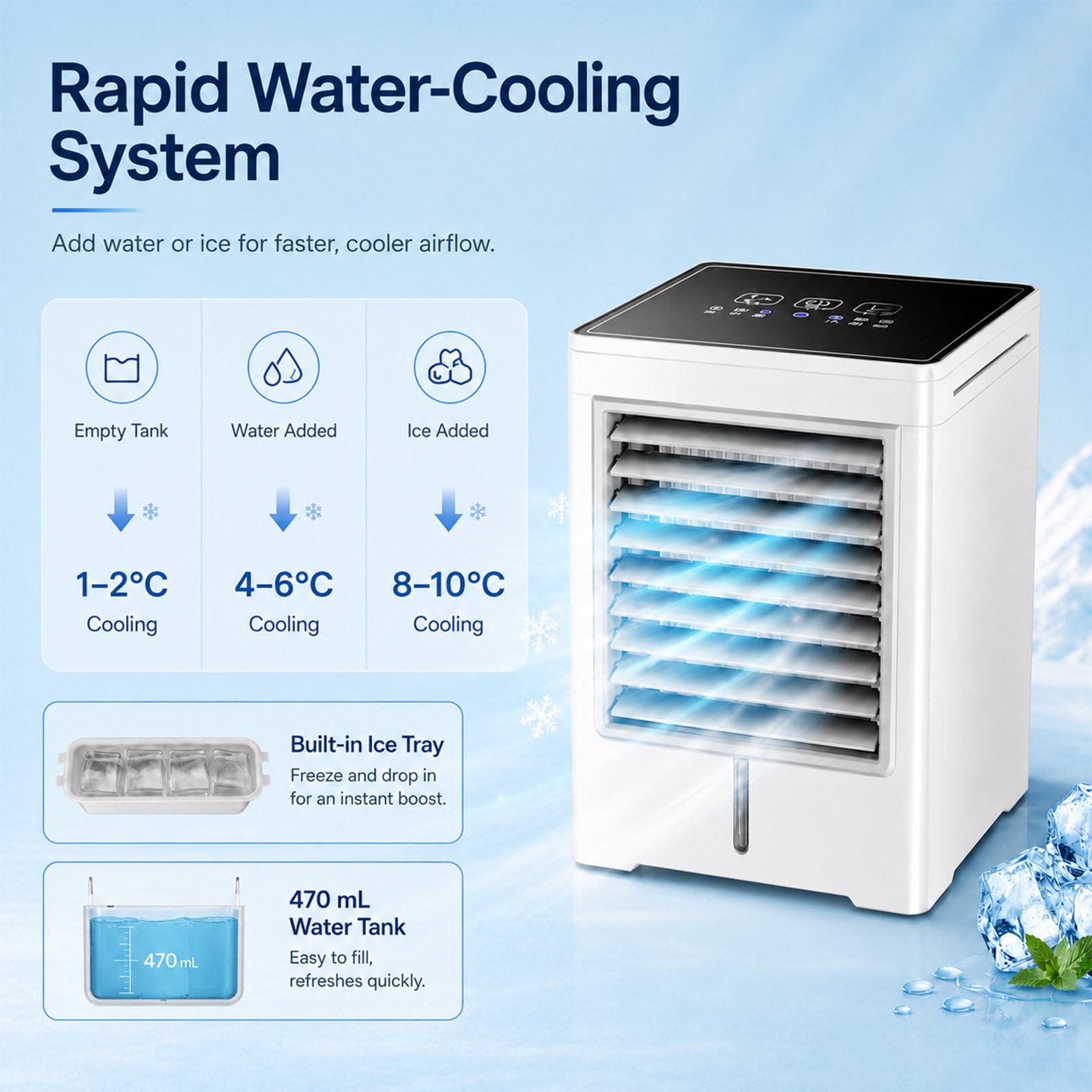 Condizionatore Portatile, Raffrescatore Evaporativo Alimentato Tramite USB, Ventilatore con 3 Timer, Serbatoio 470ml, 3 velocità, Super Silenzioso per Casa e Ufficio