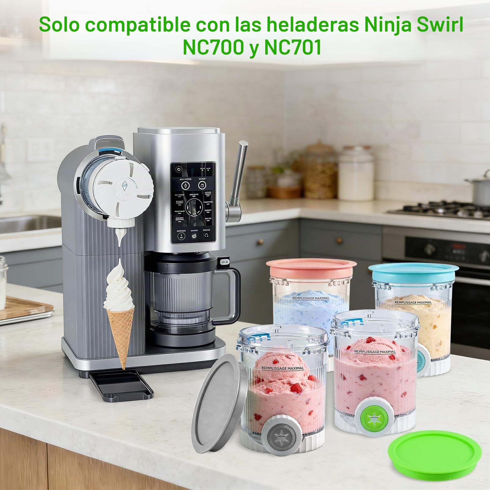 Qingning 4pcs Recipiente para Ninja Swirl Creami,480ML Recipiente de Helado | para Ninja Creami Swirl NC701 y NC700 Series, Recipientes para Helado con Tapa, Libres de BPA, Apto para Lavavajillas