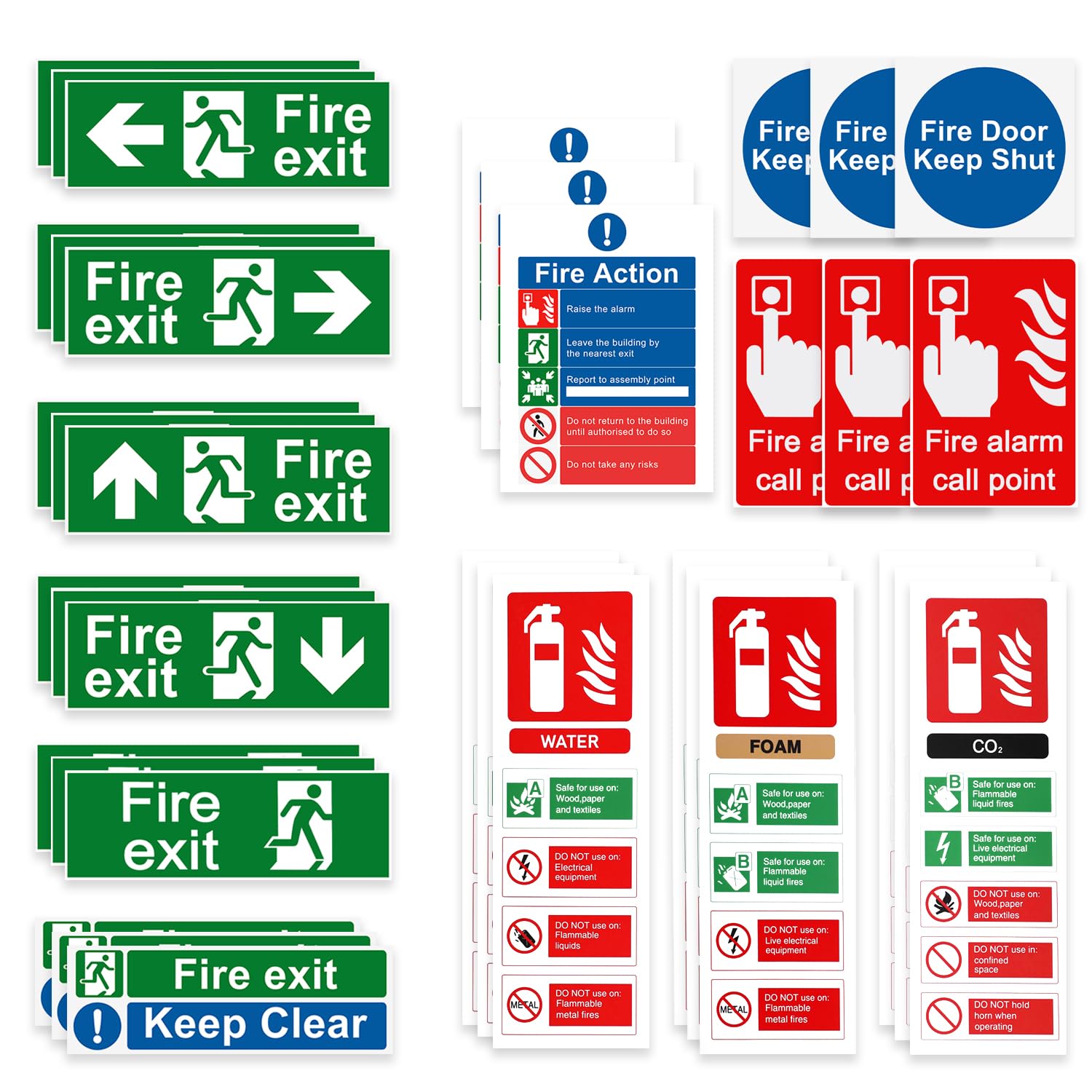 Samamoca Fire Exit Sign Kit 36 pcs - Premium Fire Exit Sign Kit (right, left, up, down arrow),Self-Adhesive Vinyl Safety Signs - Fire Action,Exit Keep Clear,Door Keep Shut,Extinguisher Stickers