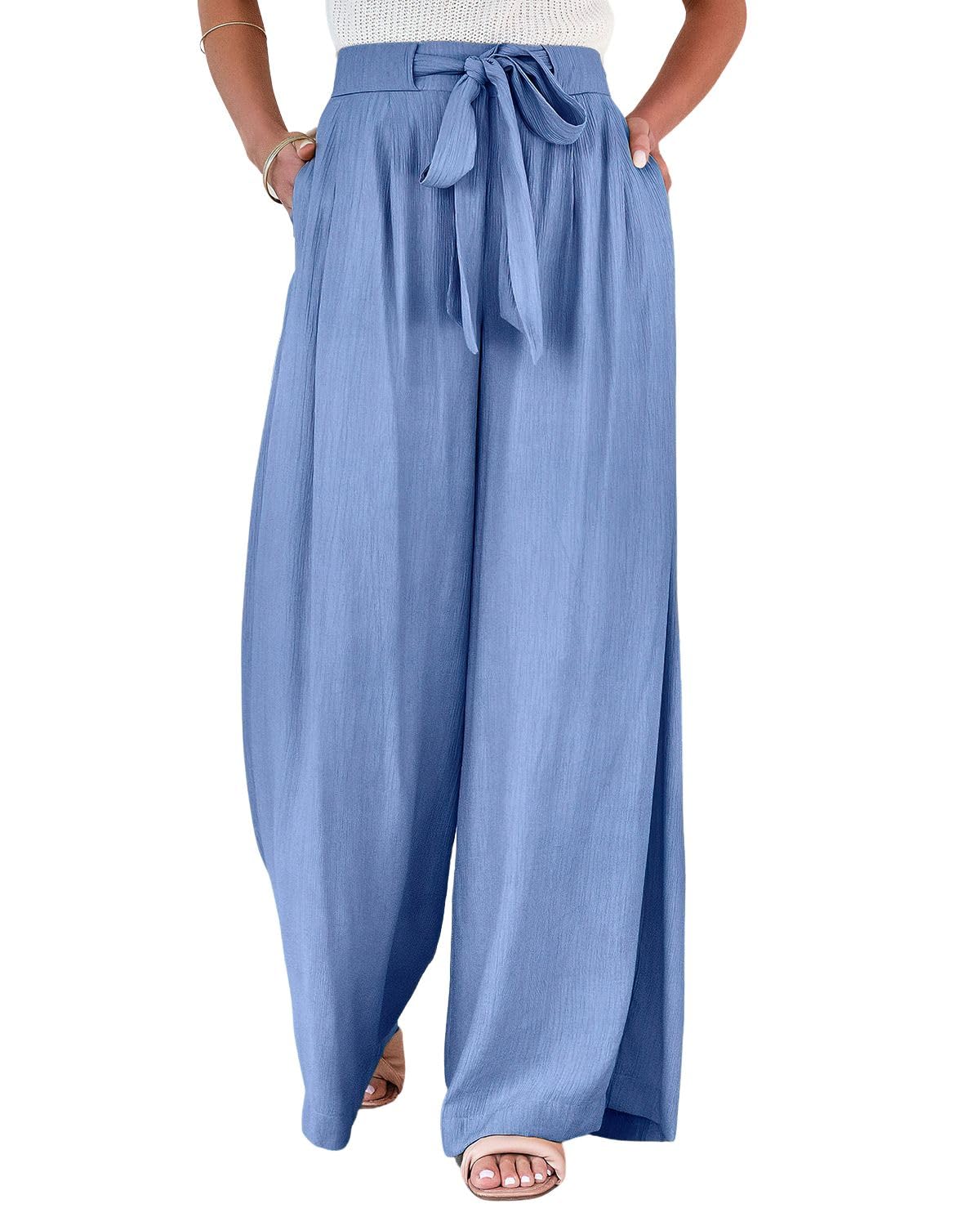 ebossy Womens Elegant Tied Wide-Leg Solid Long Pants High Waist Casual Loose Floor Length Trousers