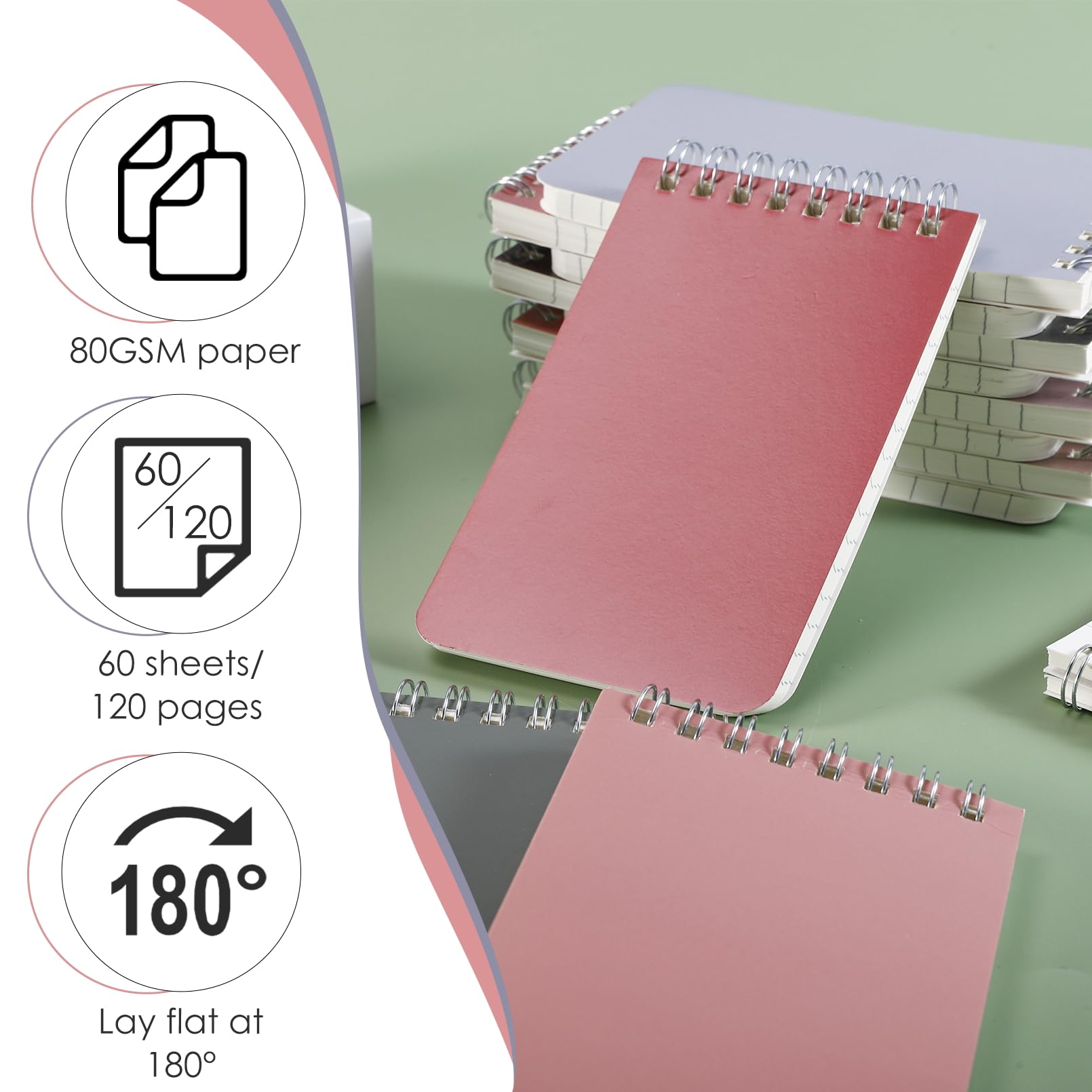 Confezione da 30 quaderni a spirale rilegati nella parte superiore, 7,6 x 12,7 cm, mini blocchi note con pagine a righe, 10 fogli colorati Morandi, 60 fogli/120 pagine, carta da 80 g/m²