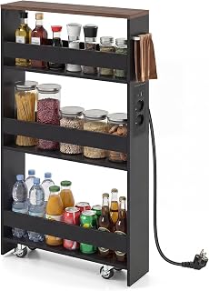 GIANTEX Nischenregal 13cm breit, Küchenregal Küchenschrank Küchenwagen, Nischenschrank Nischenwagen auf Rollen, Badregal Rollwagen Holz 4 Etagen, 47,5 x 13 x 80,5 cm (Schwarz+Braun,13 cm, Ladestation)