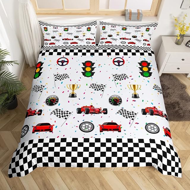Race Sports Car Comforter Cover Extreme Sports Bedding Set Car Sports Competition Duvet Cover for Kids Boys Girls Microfiber Automobile Style Bedspread Cover Single Size