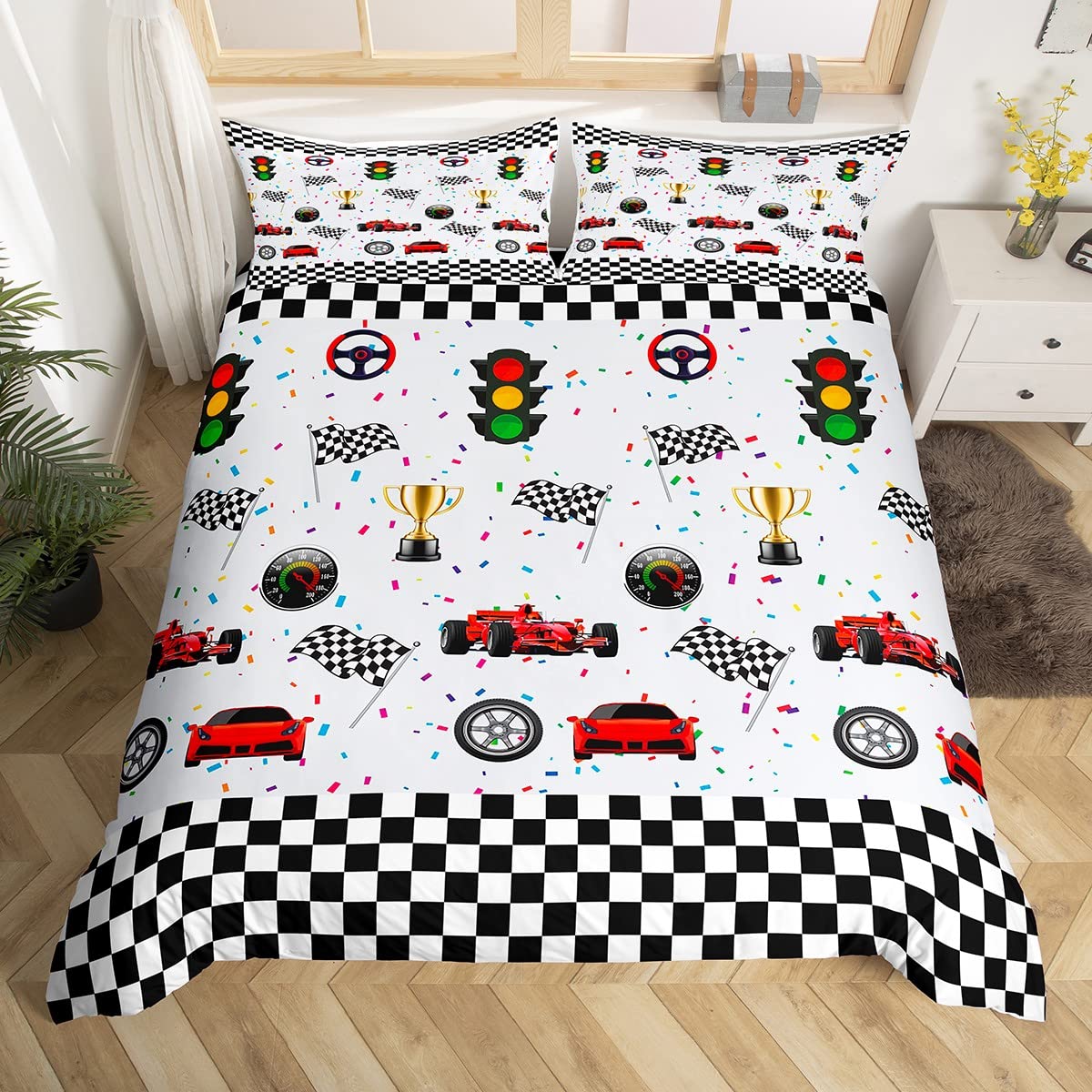Housse de couette voiture de course en microfibre pour lit enfant