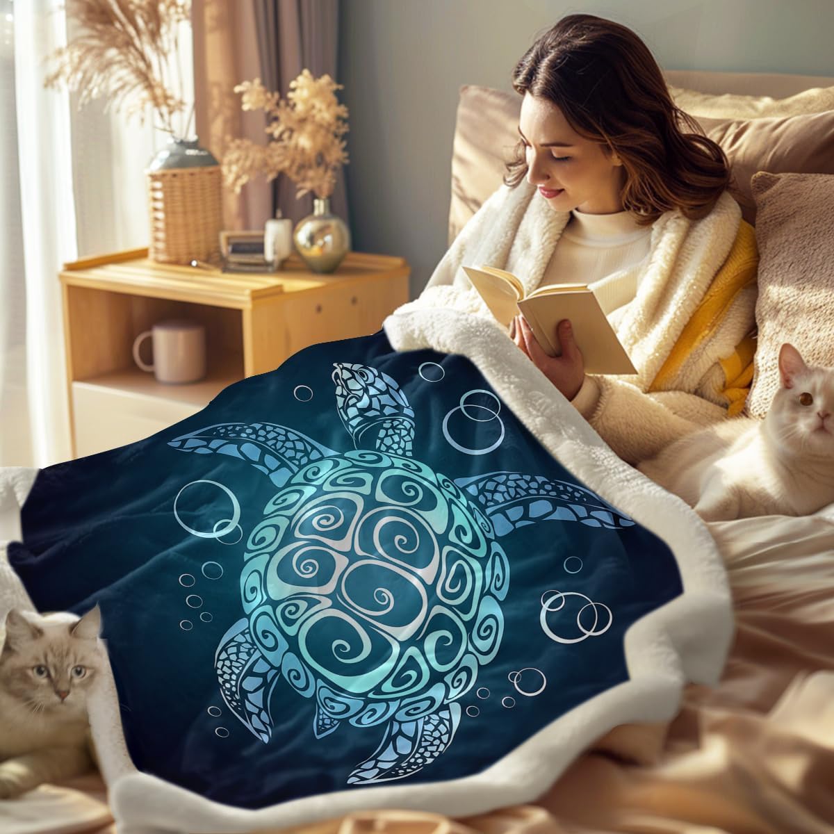 Sleepwish Sea Turtle Fleece Throw Blanket Soft Beach Theme Teal Turquoise Plush Sherpa Blanket for Couch Chair, Sea Turtle Gifts for Women (50" X 60")