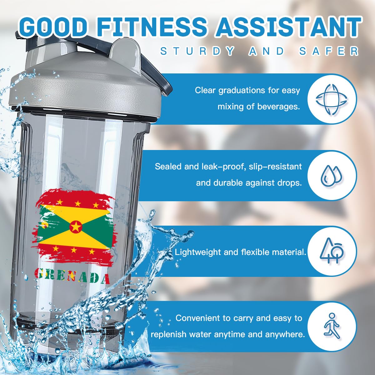 Vintage Grenada's Flag 18 Ounce Shaker Cup,Fashion Theme Pattern Shaker Bottle Leak-proof Workout Shake Bottles 500ML/18 oz Perfect for Pre Workout