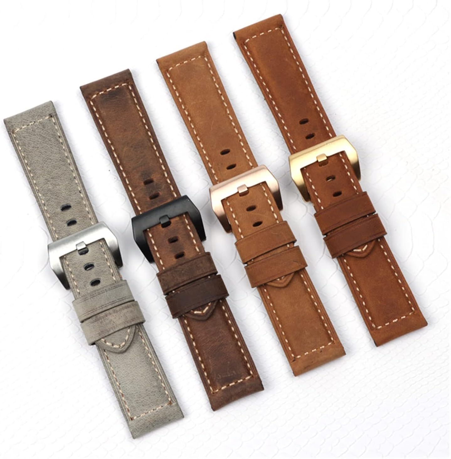 MJMT06 24mm Brown Grey Red Crazy Horse Leather Watchband Compatible with Panerai Watch Strap Compatible with PAM441 Bracelet Pin Buckle Watch Band Tools Free