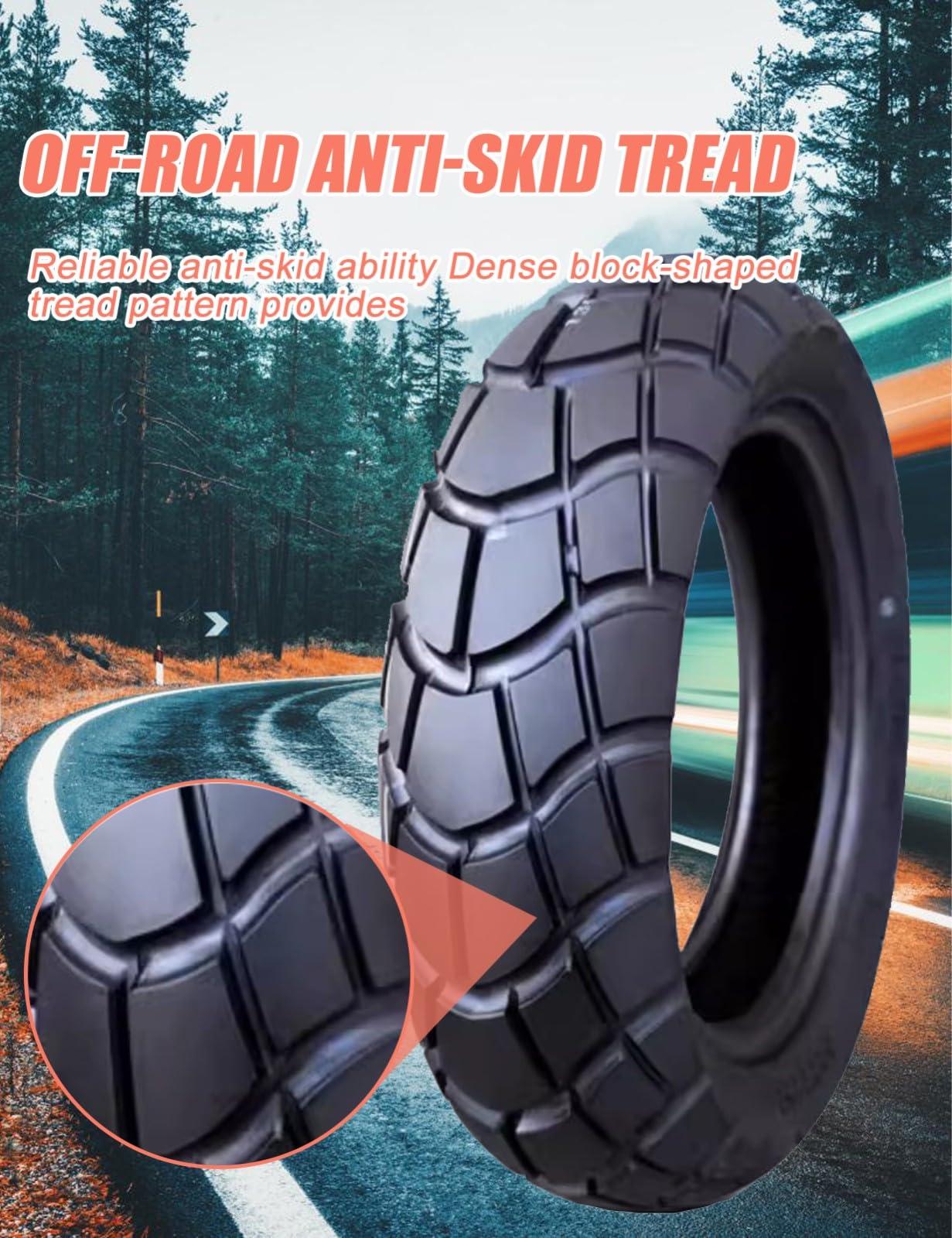 130/70-12 Reifen für Roller/Moped, 6 P.R, 280 kPa, max. Tragfähigkeit: 260 kg, 62 l, 130/70/12 Schlauchlos, rutschfeste Lauffläche, verschleißfestes Offroad-Profil