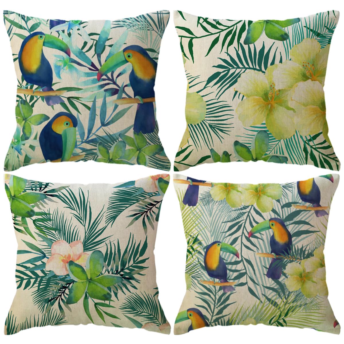ULOVE LOVE YOURSELF 4pack Tropical Throw Pillow Covers Tropical Leaves Toucan Hibiscus Flowers Pattern Home Decorative Cushion Covers 18×18 inch for