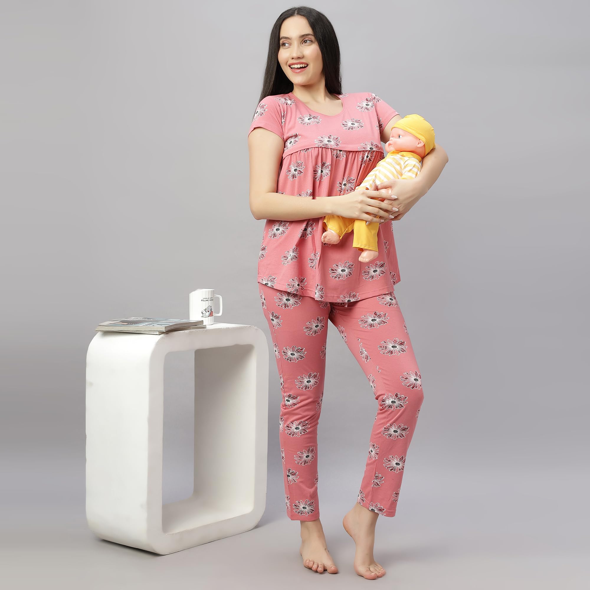 DZZO New Women's Cotton Printed Maternity Night Suit | Comfortable Feeding Night Dress | Soft & Breathable Nursing Pajama Set | Color - Peach, Size - M - Image 6 thumbnail