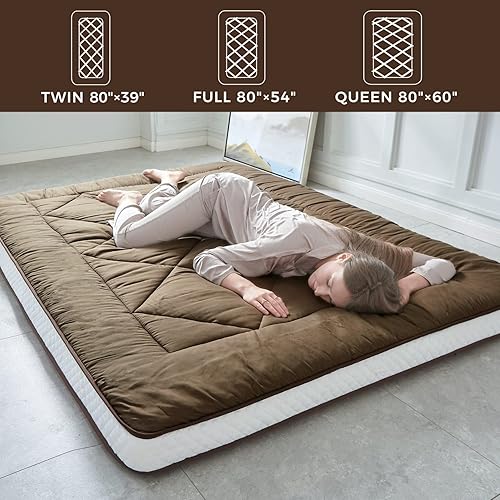 Miniatura 5 de Colchón japonés de suelo futón, colchón grueso para dormir, plegable y portátil, colchón de campamento enrollable, café Queen