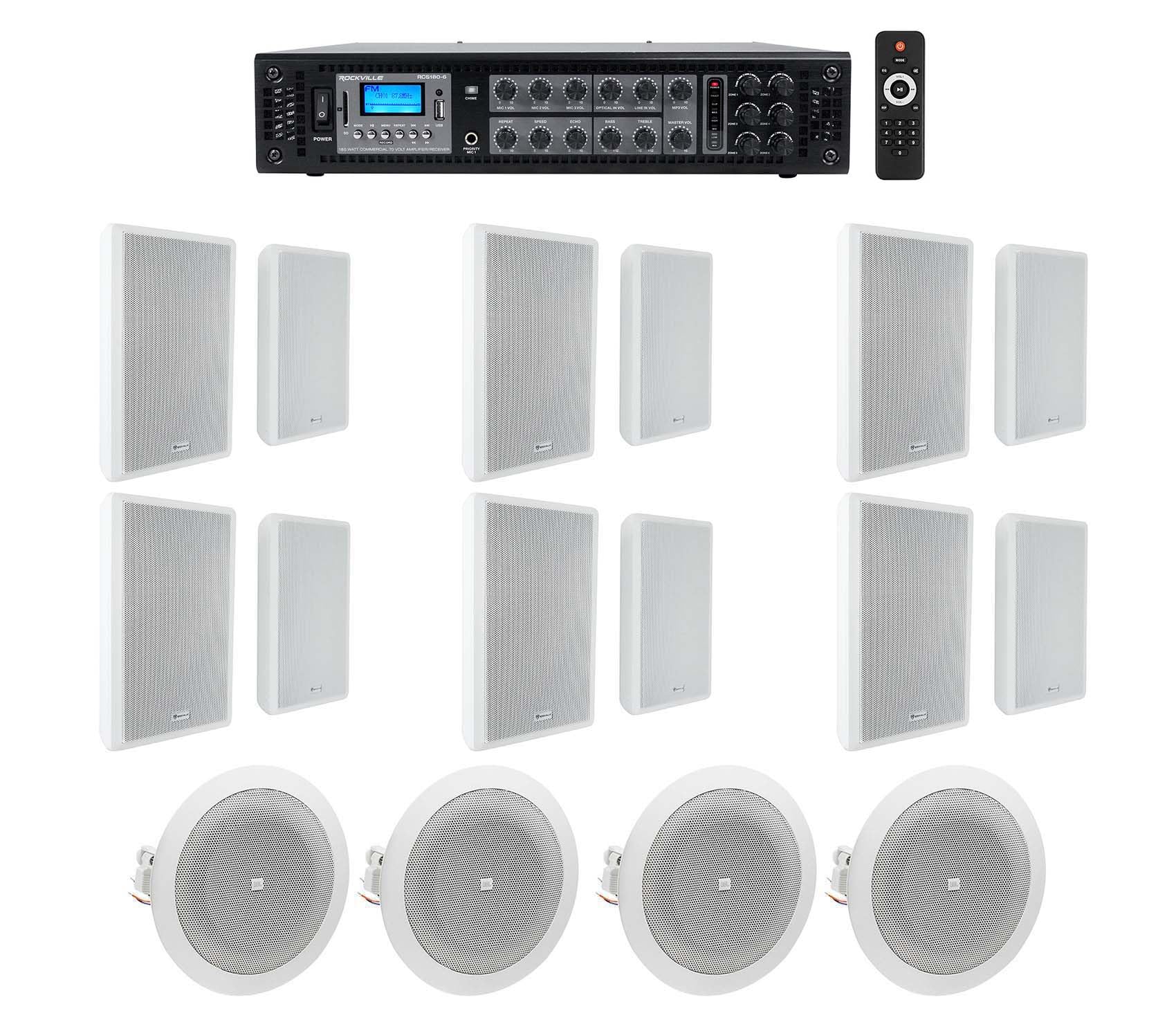 Rockville Bundle: (1) RCS180-6 180 Watt 6 Zone 70v Restaurant Amplifier Bundle with (12) RockSlim 70W White 5.25