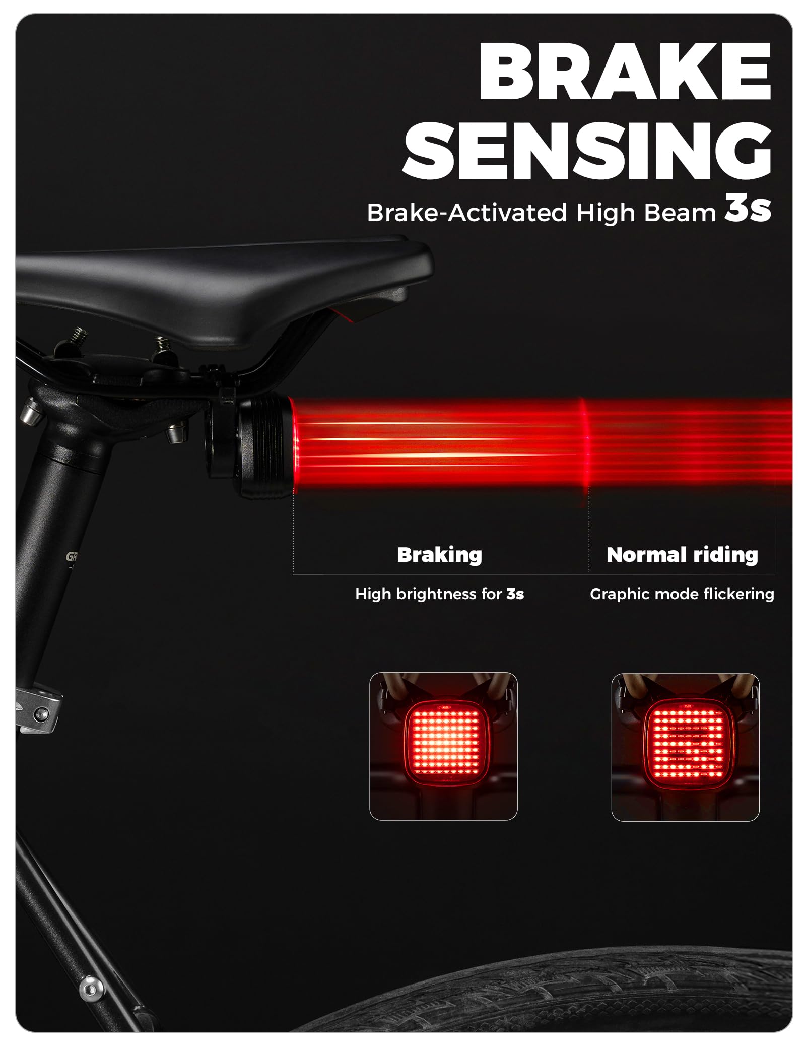 ROCKBROS Feu Arrière de Vélo avec Détection de Freinage, Lampe Arrière Rechargeable USB Étanche IPX6, Autonomie Longue Durée, 12 Modes Clignotants, Accessoire de Sécurité pour Cyclisme