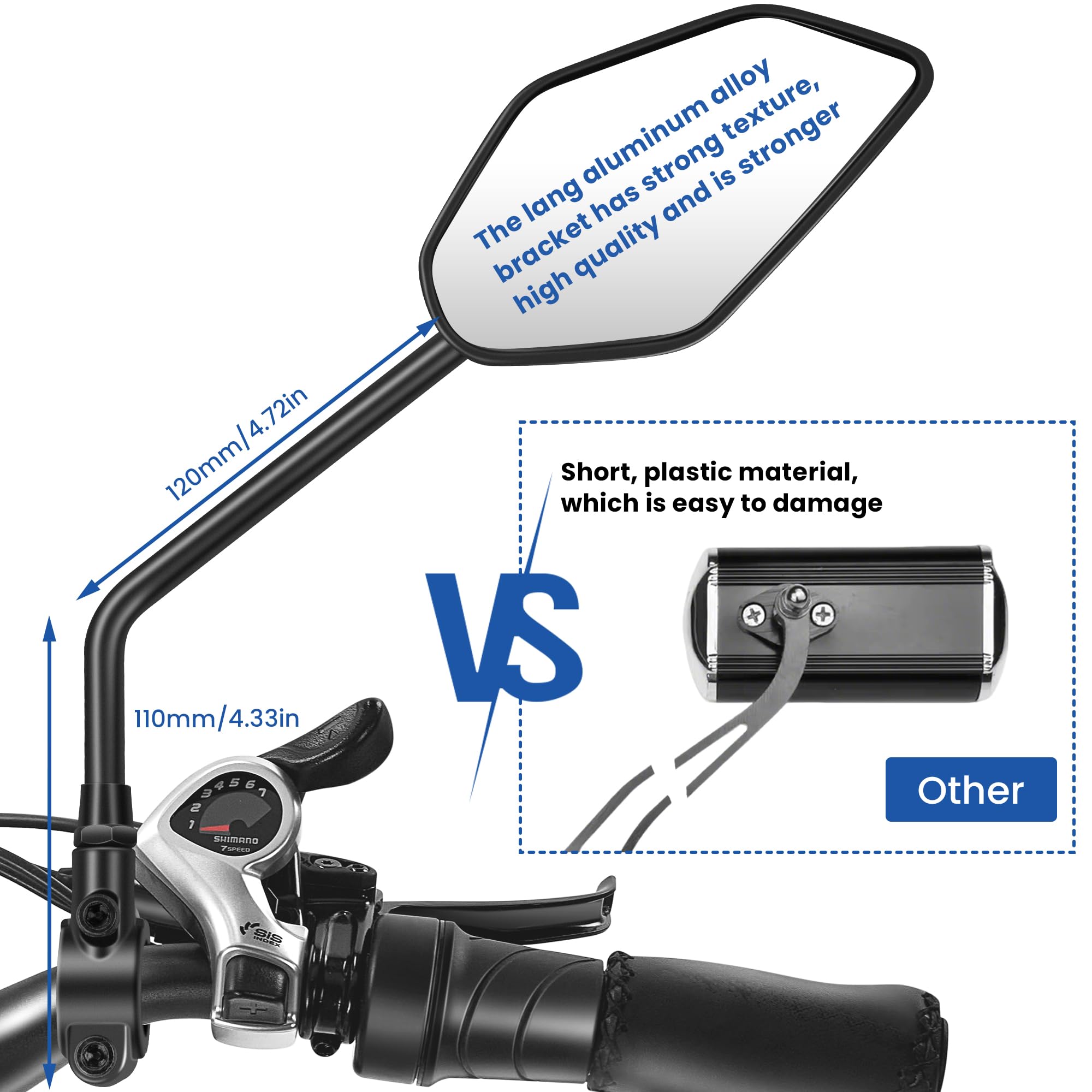 Bike Mirror Handlebar Mount Adjustable 1 Pair, Electric Bike Mirrors for Handlebars Long Stem, Bike Mirrors for Ebike, Ebike Mirrors with HD Lens, Electric Scooter Mirrors for Bicycle, Ebike Accessory