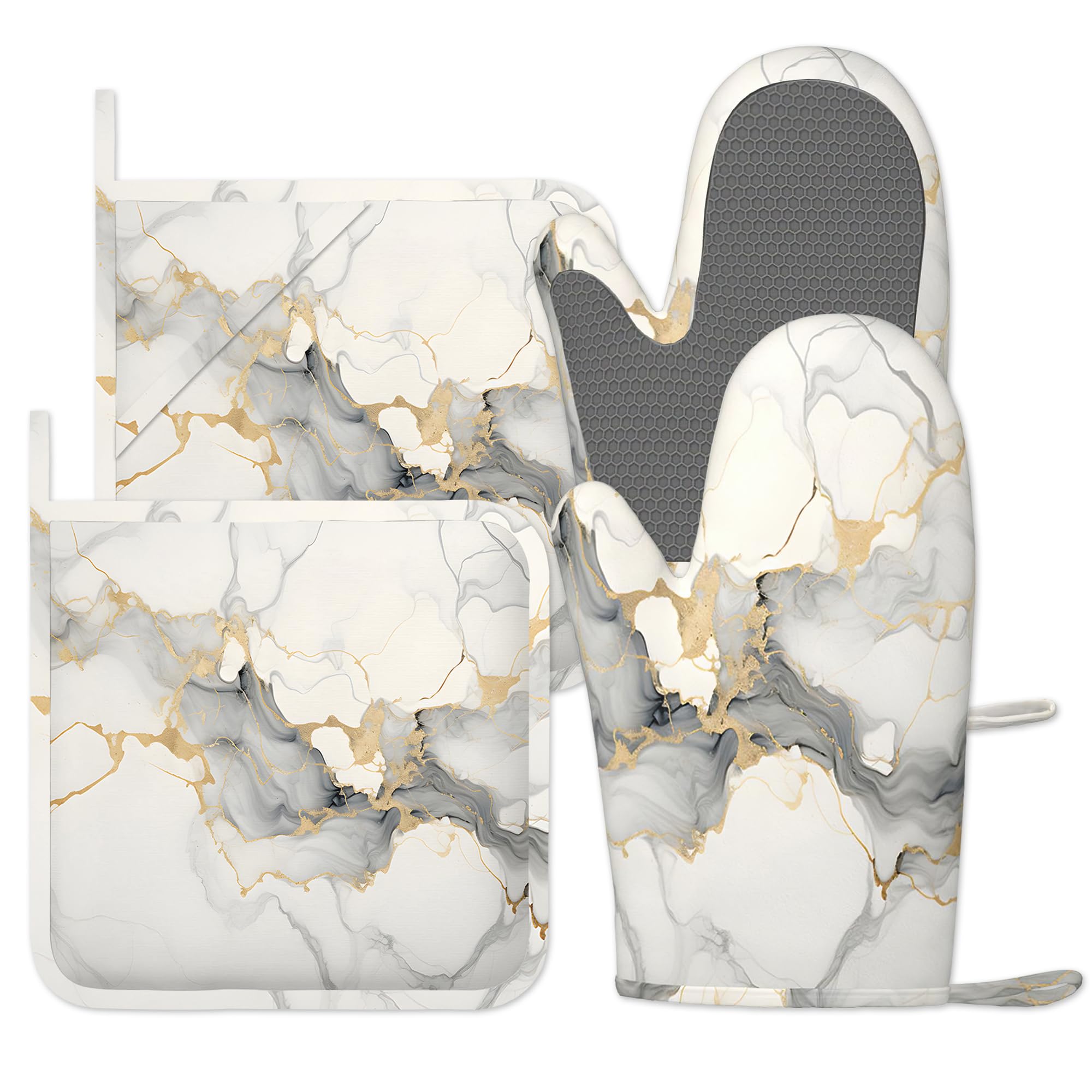 Elegant Marble Heat Resistant Silicone Oven Mitts and Pot Holders Set of 4