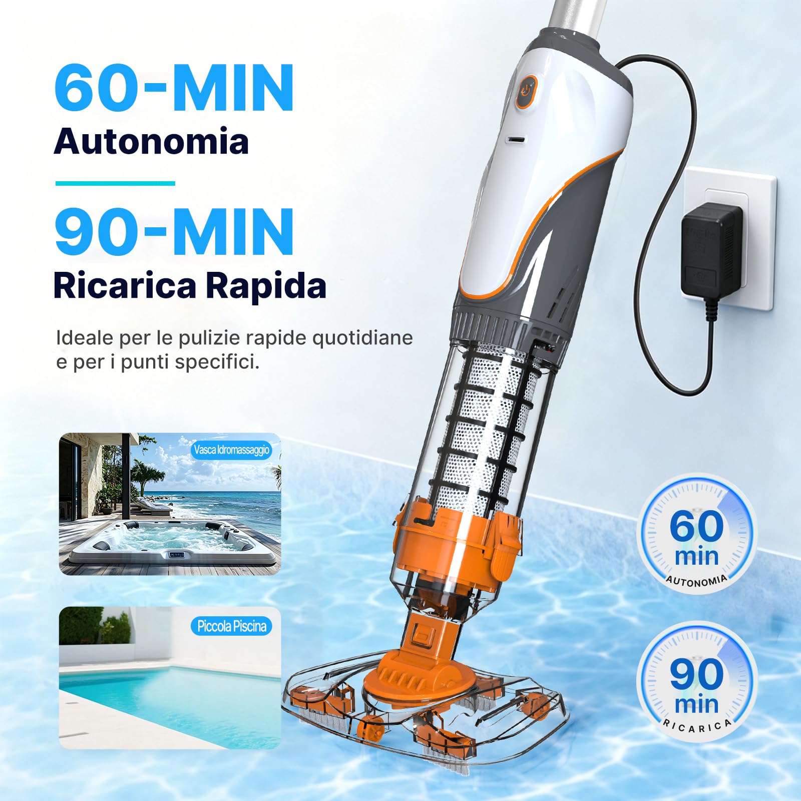 Aspirapolvere Piscina a Batteria, Aspiratore Piscina Senza Fili | Doppia Filtrazione Aspirapiscina, Aspiratore per Spa, Piccole Piscine, Vasche Idromassaggio, Autonomia 60 Minuti, Arancione