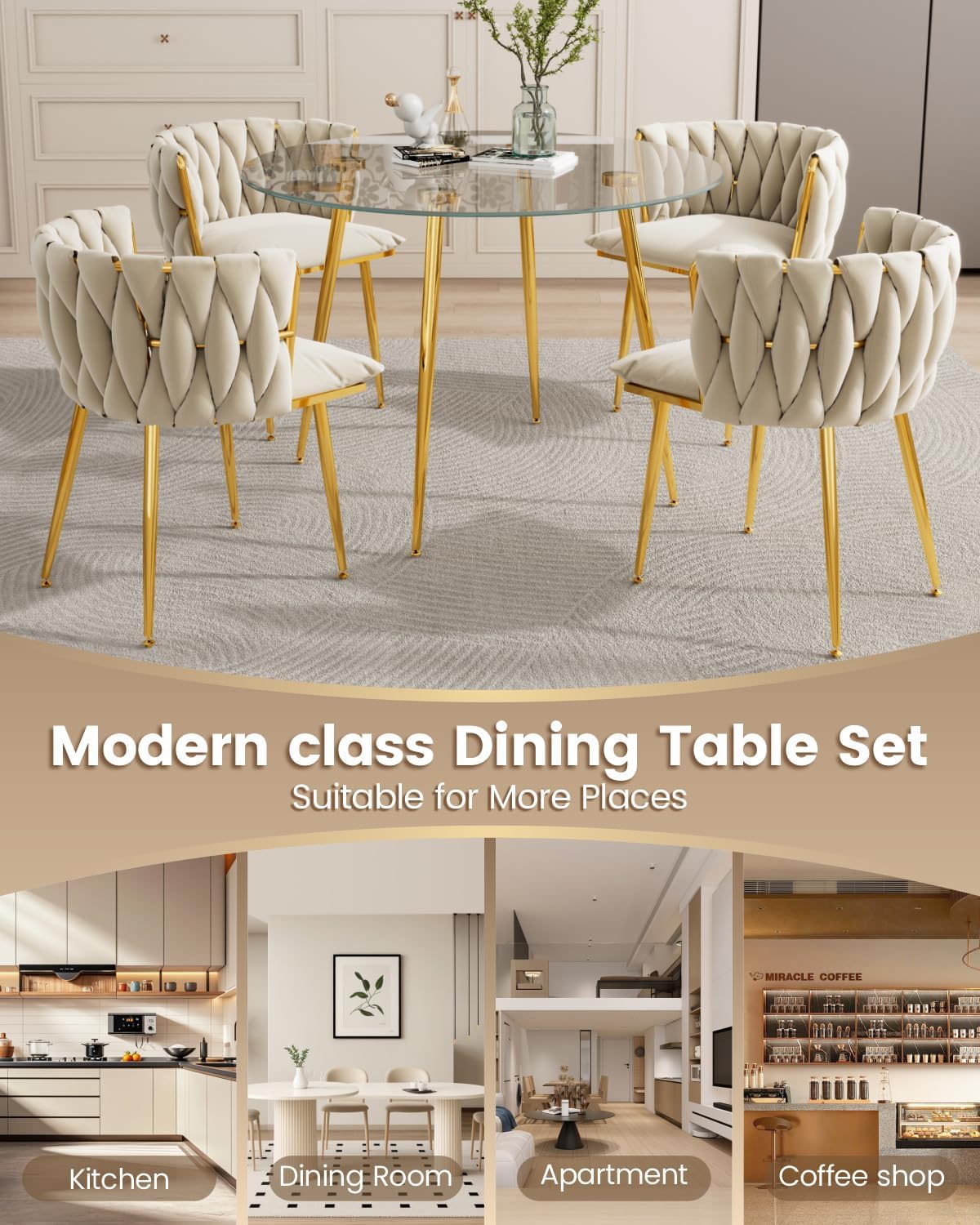 Golden Round Glass Dining Table Set for 4, 5 PCS Clear Glass Circle Table Set, 39.4'' Modern Luxury Kitchen Table Set with Velvet Woven Chair, for Living Room, Kitchen, Cafe, Apartment - Beige Chair