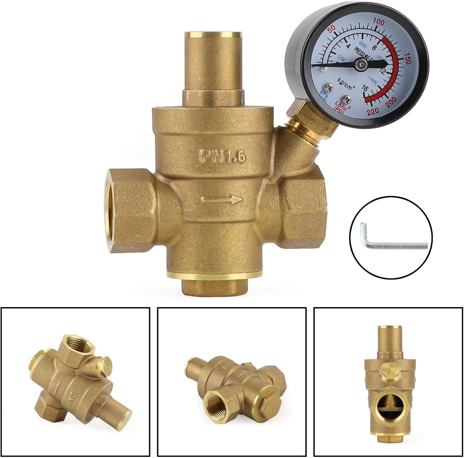 DN15 Brass Adjustable 1/2" Water Pressure Regulator Reducer With Gauge Meter