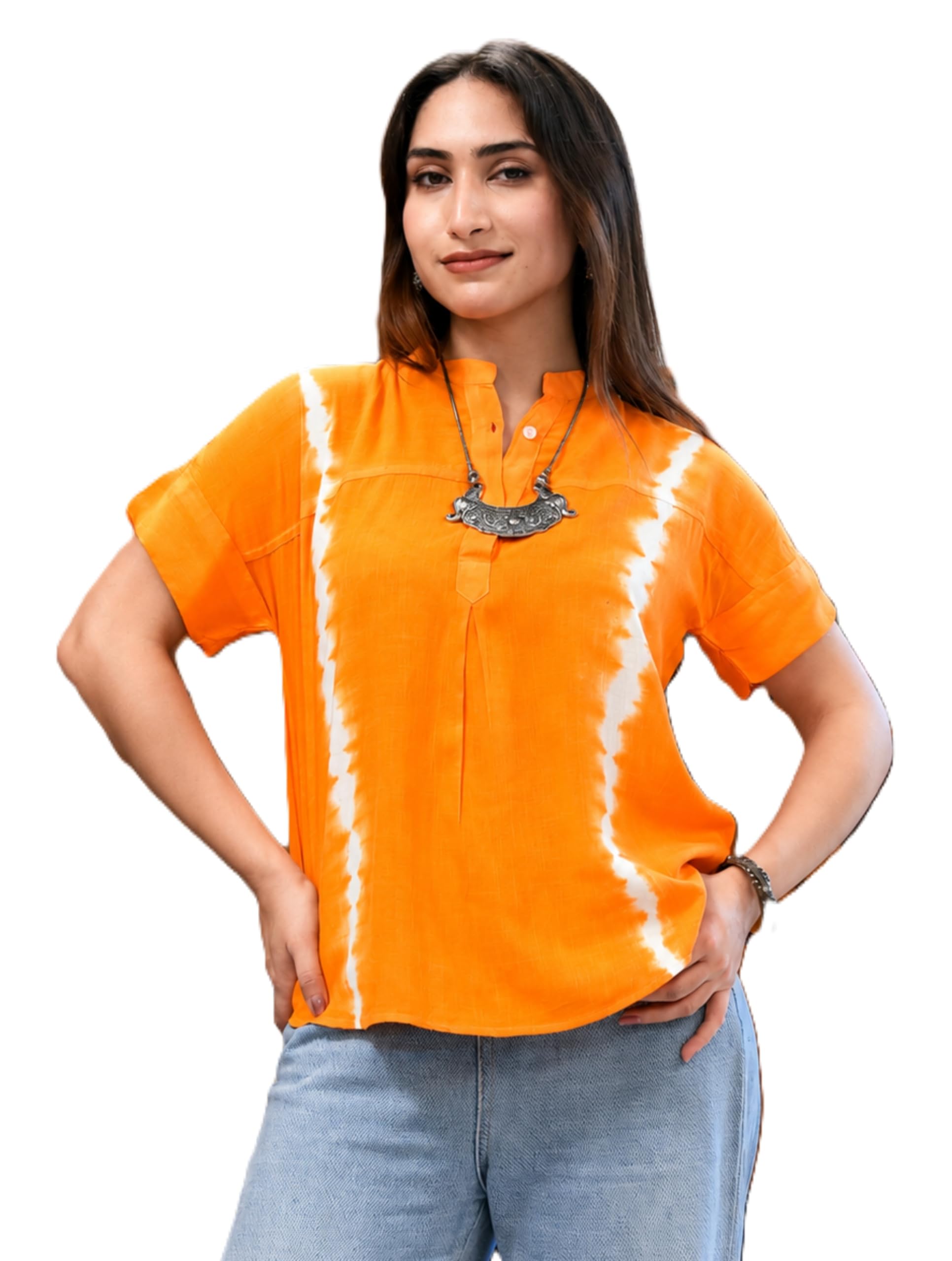 maaesa Women Rayon Tie & Dye Mandarin Collar Short Sleeves Regular Fit Top | Casual Wear | Lightweight & Breathable Fabric-picture-33