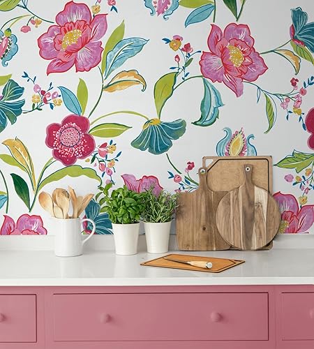 Miniatura 6 de NextWall Papel tapiz autoadhesivo con diseño floral (magenta y blanquecino)