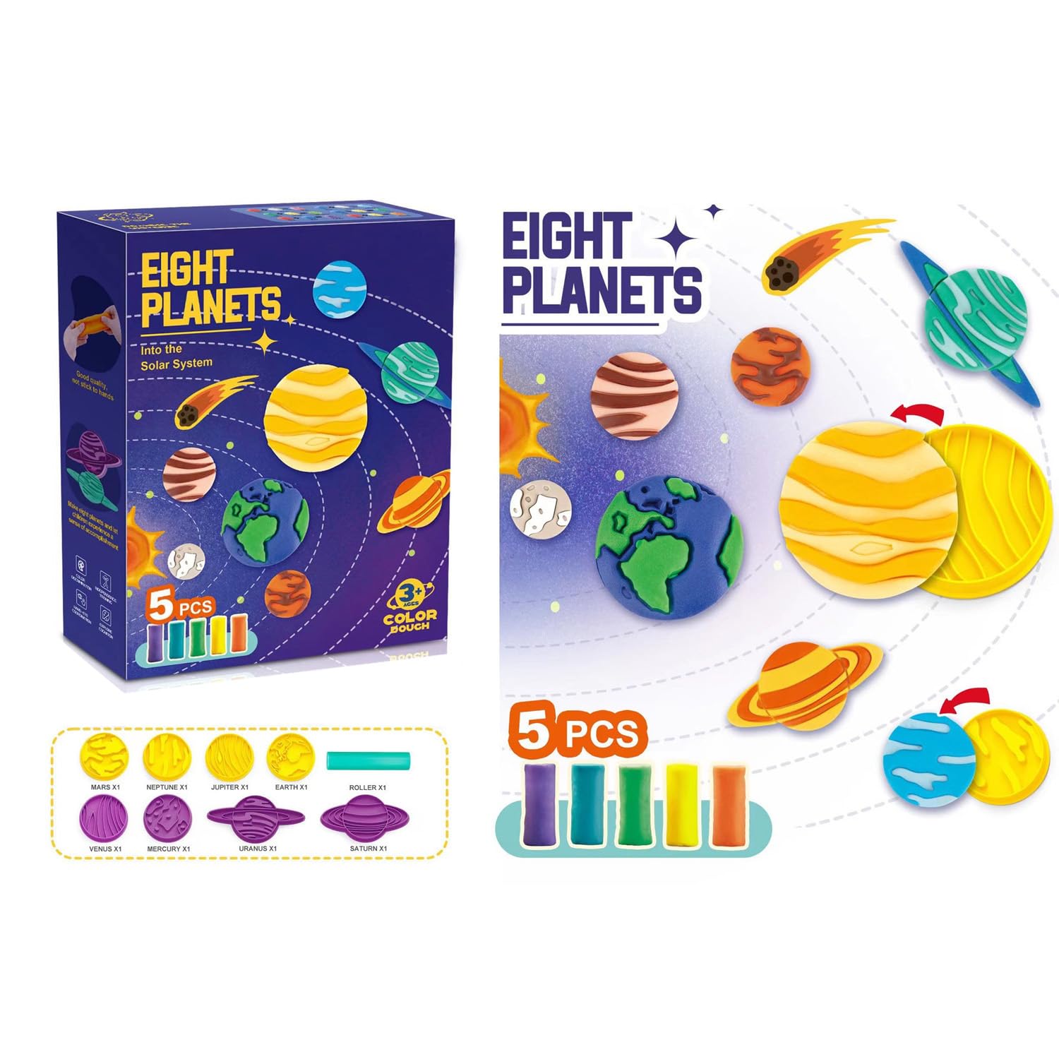 Jaeespon Dough Tools Play for Kid, Planets Theme Dough Set with 5 Color Doughs 8 Planets and a Rolling Pin, Best Art Toys Gift for Age 3+
