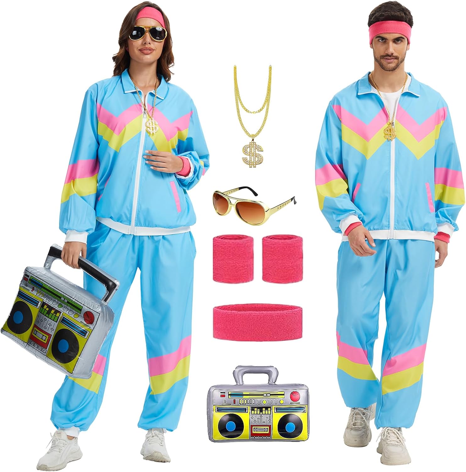 80s Outfit for Men Women-One Set 80s 90s Costumes with Accessories-Couples Track Suits for Halloween Carnival Party