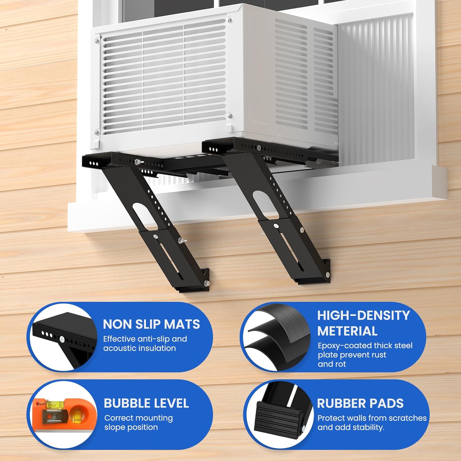 Window Air Conditioner Support Bracket: No-Drill Adjustable Window AC Bracket for Single/Double Hung Windows, Heavy Duty Steel Holds Up to 350 lbs, Universal Units for 5000-24000 BTU, Black