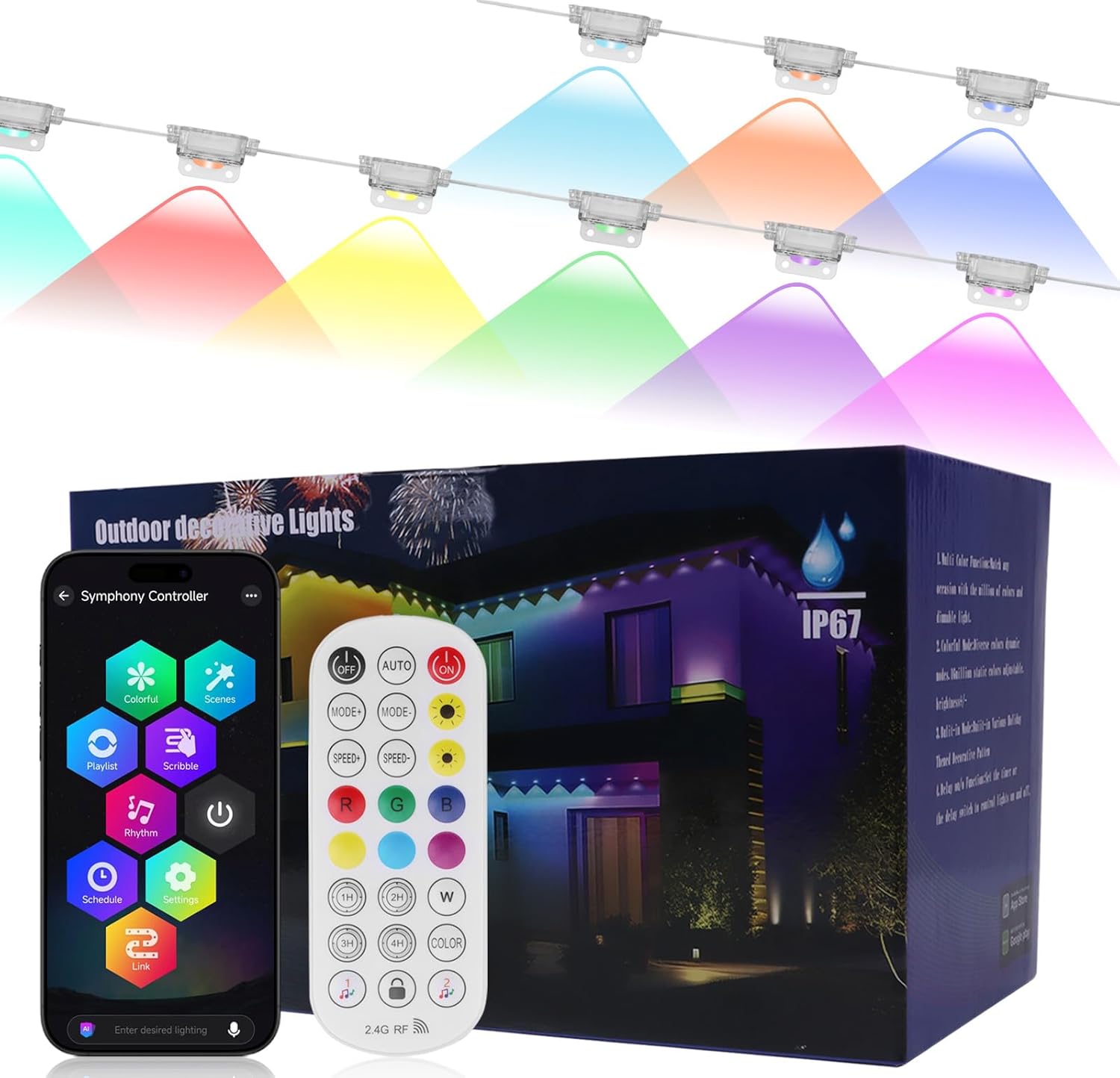 Aogled Permanent Outdoor Lights for House,50ft RGB+IC Smart Eave Lights with 30 LEDs,IP67 Waterproof,Remote/APP Control,DIY Scene Modes&Music Sync Lighting for Outdoor Christmas Decorations