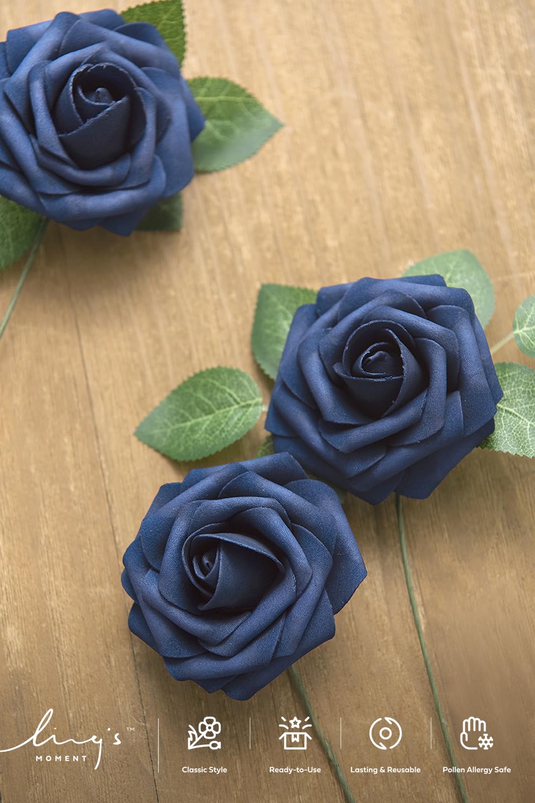 Ling's Moment Flores artificiales, 50 rosas de color azul marino con tallos, 7,62 cm de espuma de tacto real para ramo de boda, centros de mesa, telón de fondo de fiesta al aire libre, habitación/mesa