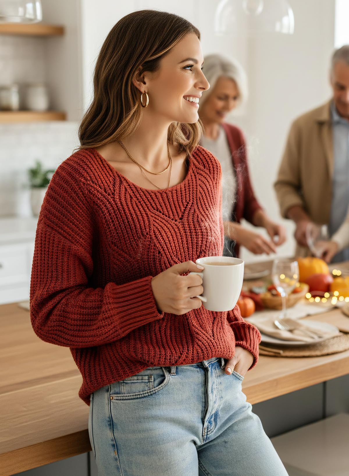 Dokotoo Womens Sweaters 2025 Crewneck Cute Elegant Soft Long Sleeve Hollow Cable Knit Pullover Tops