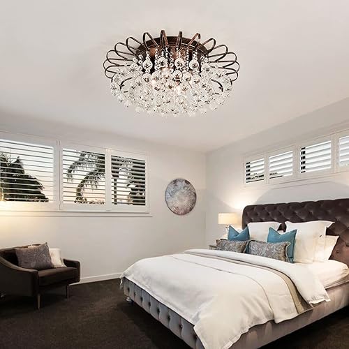 Miniatura 2 de CVKASH Candelabro floral de cristal de 4 luces moderno de bronce montaje empotrado con cristales en forma de gota de lluvia, luminaria de techo