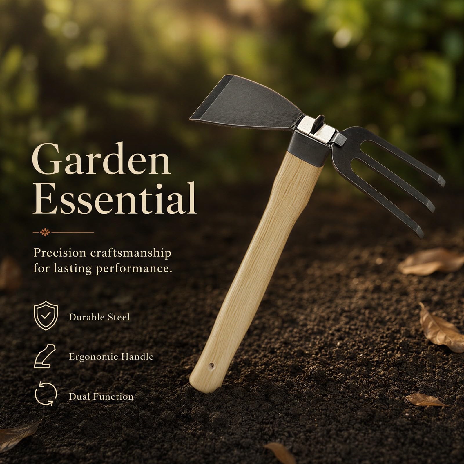 Zappa da giardino 2 in 1 per diserbo, manico lungo con denti in acciaio al carbonio, manico ergonomico in legno, strumento da giardino per allentare il terreno, aratura, rastrellare e diserbare