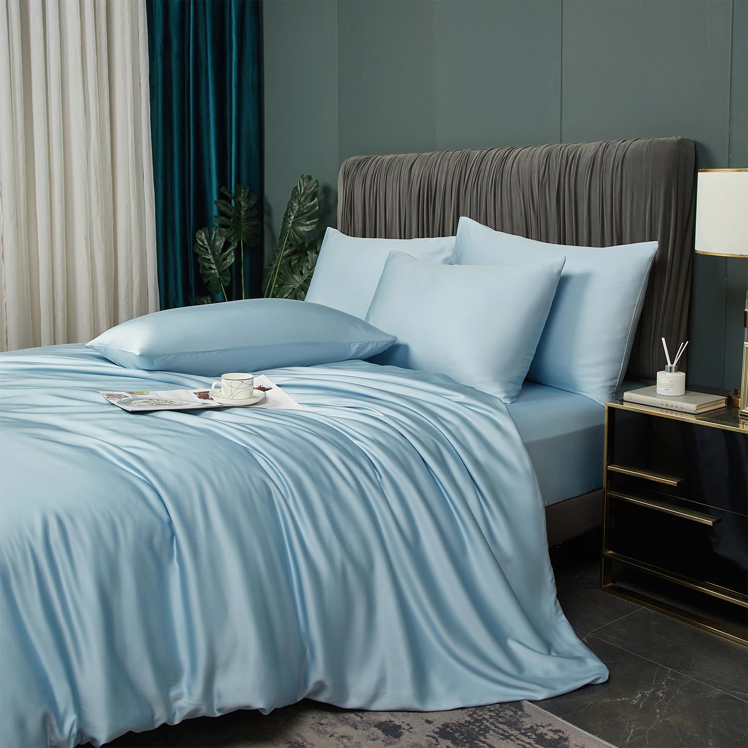 Biancheria da letto in bambù, 135 x 200 cm, 4 pezzi, blu, azzurro, estate, inverno, raffreddante, in fibra di bambù Lyocell lucido, set di biancheria da letto e federe 80 x 80 cm