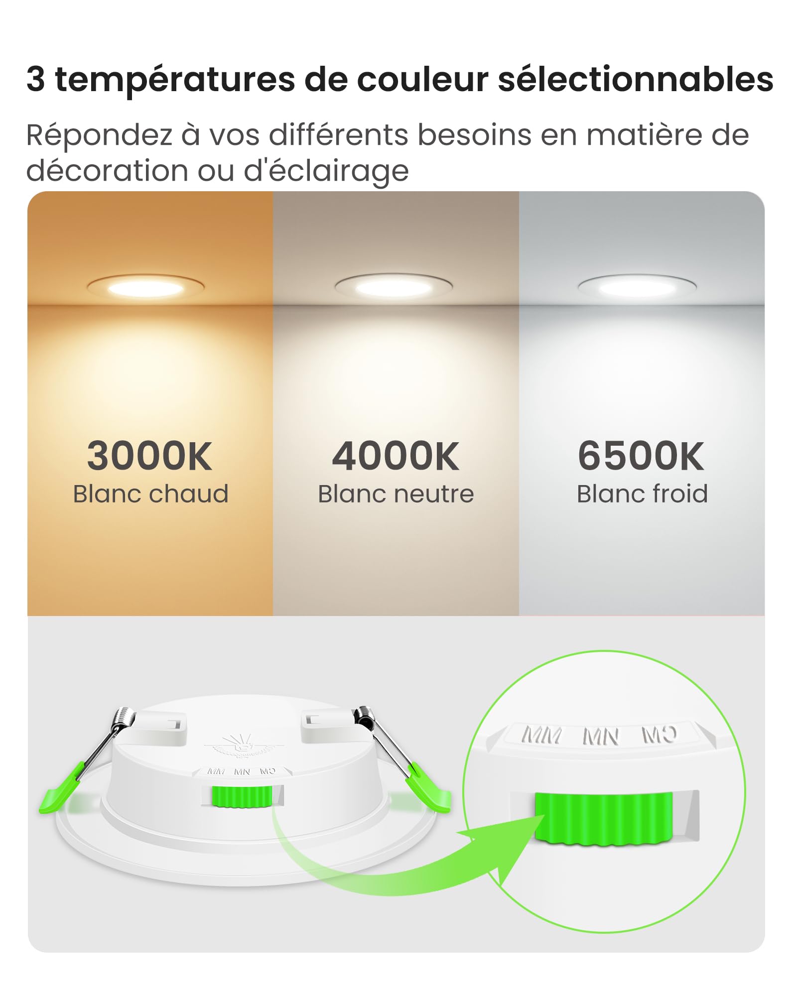 LED Spot Encastrable Extra Plat 230V, 10W 800 Lumen Dimmable Rond Ultra Slim éclairage Plafond Encastré, Blanc Chaud 3000K Blanc Neutre 4000K Blanc Froid 6500K Pour Salle de Bain, Cuisine, Lot de 12