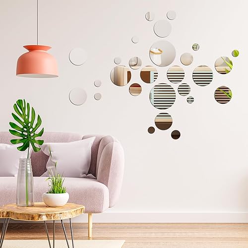 Miniatura 6 de CEYAZYE Espejo de pared, azulejos de espejo circular autoadhesivos, 32 piezas de espejo acrílico para pared, calcomanías de pared extraíbles para