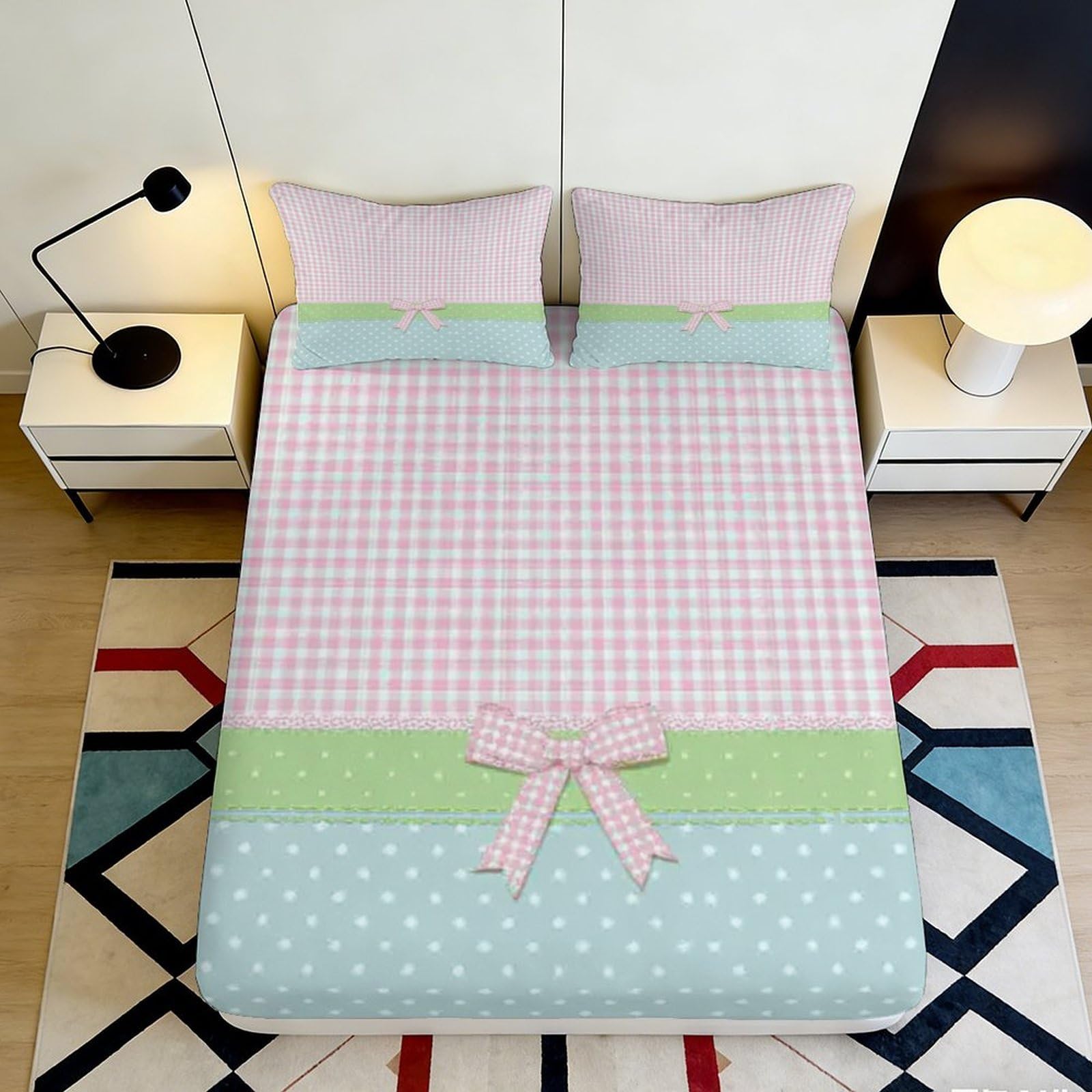 3D Printed Pink Gingham Bow Fitted Sheet Microfiber Bedroom Decor Pastel Polka Dot Mattress Cover Adult Teen Dorm 120x200x25cm