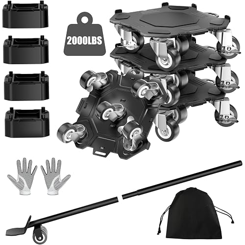 LOYAL TIGER 2000LBS Heavy Duty Furniture Dolly & Movers Set (Black, 6in) | 5-Wheel Carbon Steel Rollers with Locking Casters & Lifter. Moving Kit for Refrigerator, Washer, Sofa & Cabinet.