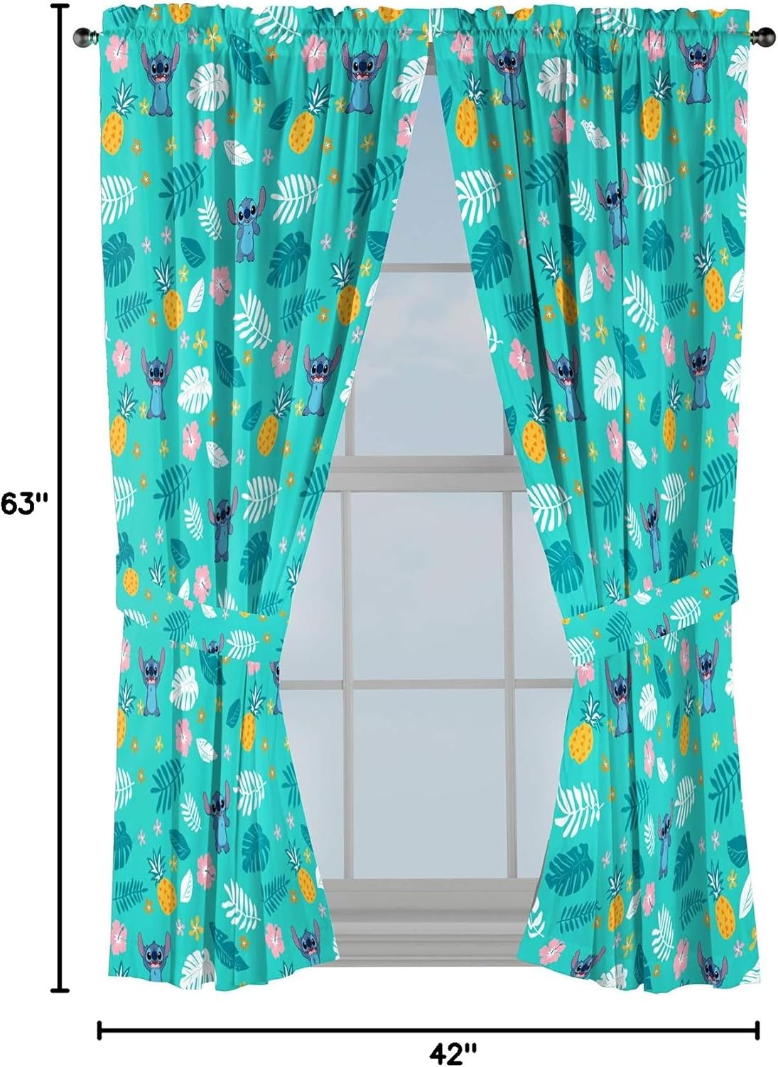 Jay Franco Disney Lilo & Stitch Aloha Stitch 63" Inch Drapes - Beautiful Room Décor & Easy Set Up, Bedding - Curtains Include 2 Tiebacks, 4 Piece Set (Official Disney Product)