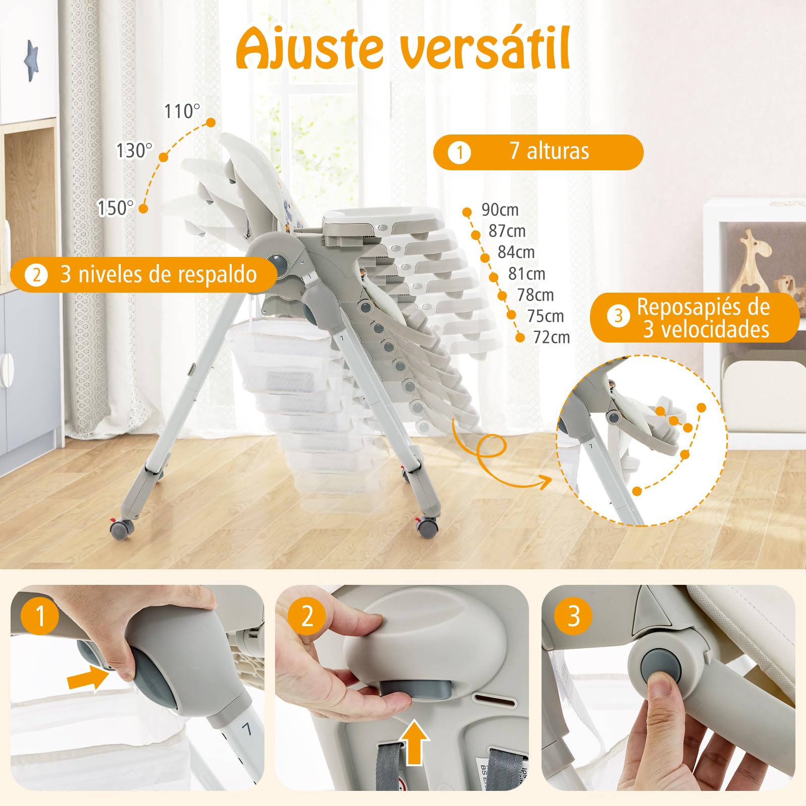 COSTWAY Tronas de Bebe Plegable, Trona Portatil Multifuncional con Ruedas Giratorias, 7 Altura Ajustable, Reposapiés y Respaldo, Bandeja de Comida Extraíble, para 6-36 Meses (Blanco)